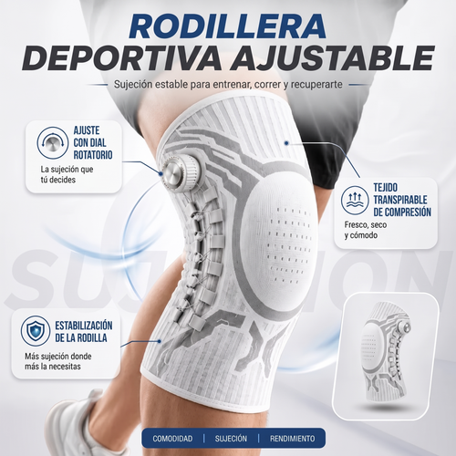 Rodillera KneeFlex puesta en la rodilla, con dial de ajuste, tejido transpirable y estabilización
