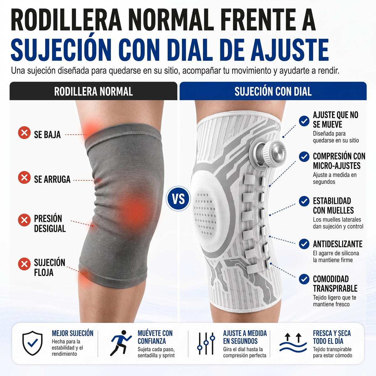 Comparativa entre una rodillera normal y la rodillera KneeFlex con dial de ajuste